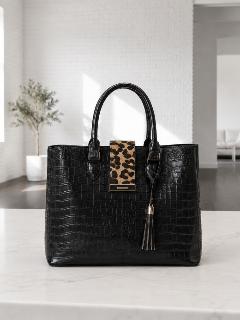 Black Croc-Embossed Tote with Leopard Accent